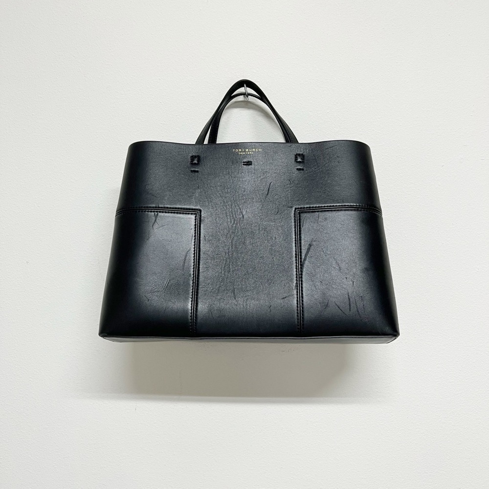 Tory Burch New York Womens Black Leather Structured Large Block T Tote